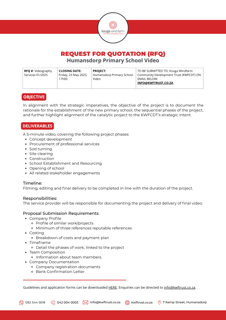 Kouga Wind Farm C ommunity Development Trust RFQ #Videography Services 012025